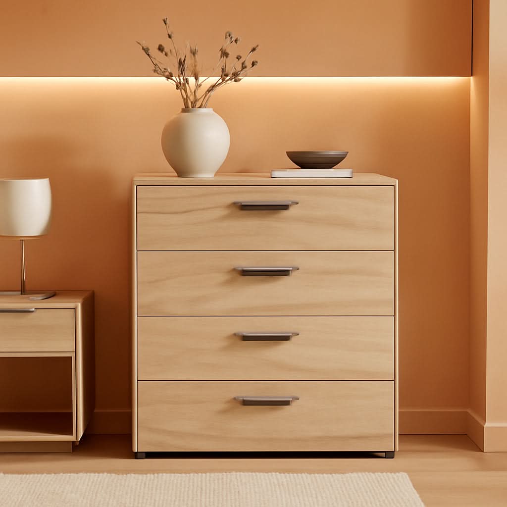Oak structure four drawer chest with modern silver bar handles for bedroom or entryway storage