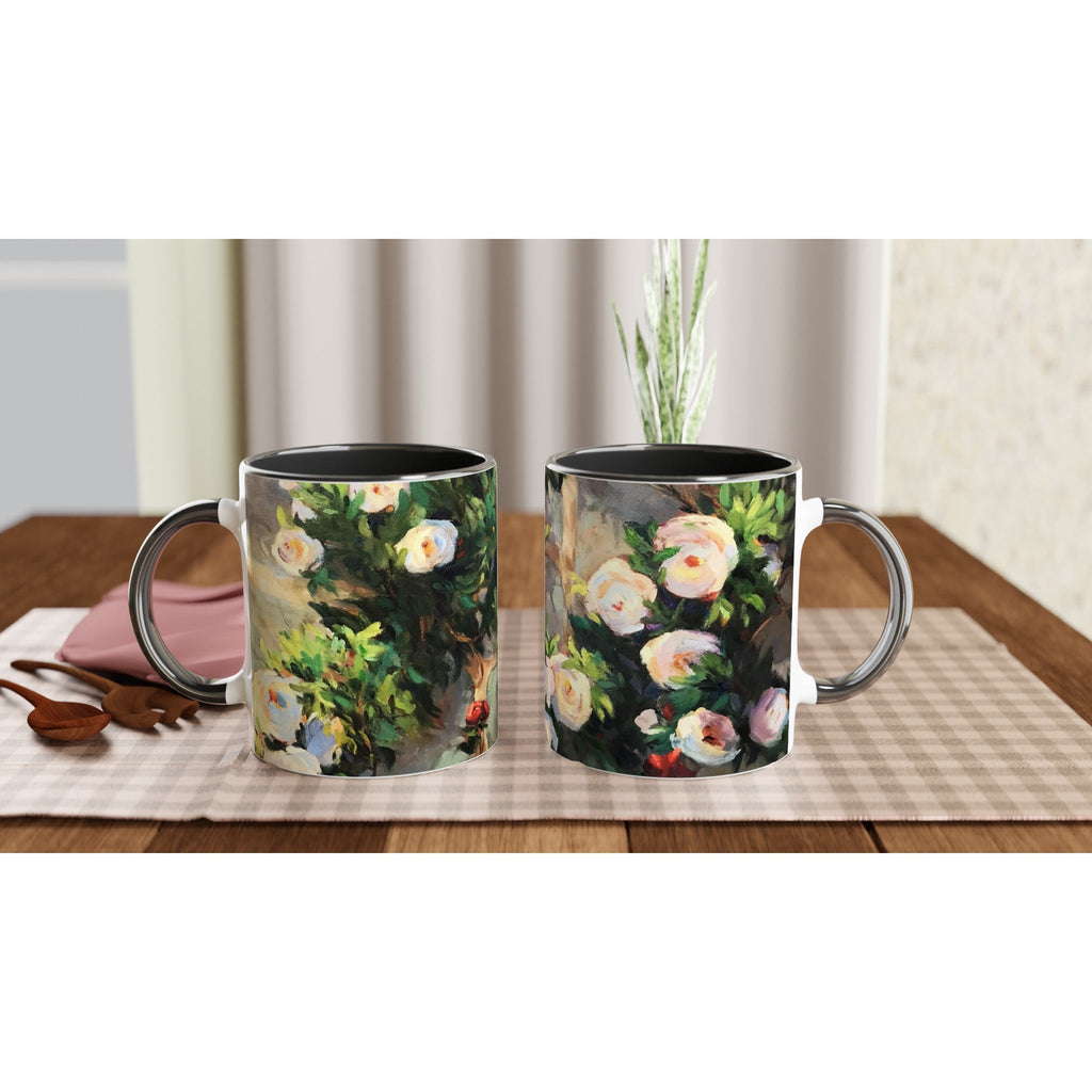 11oz White Ceramic Mug with Color Inside | Coffee Cup with 'Vining White Roses' Floral Artwork by American Artist Barbara Cleary-2