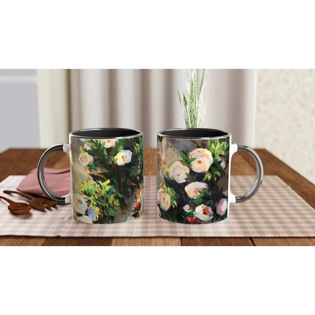 11oz White Ceramic Mug with Color Inside | Coffee Cup with 'Vining White Roses' Floral Artwork by American Artist Barbara Cleary-2