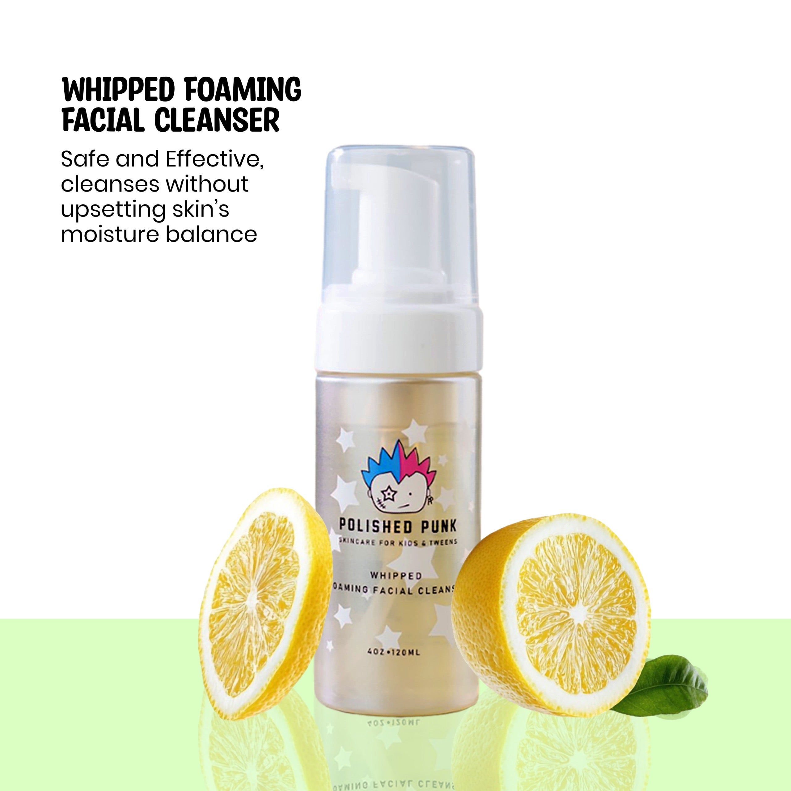 Kids whipped foaming facial cleanser bottle, gentle fragrance-free tear-free formula by Polished Punk — view 2