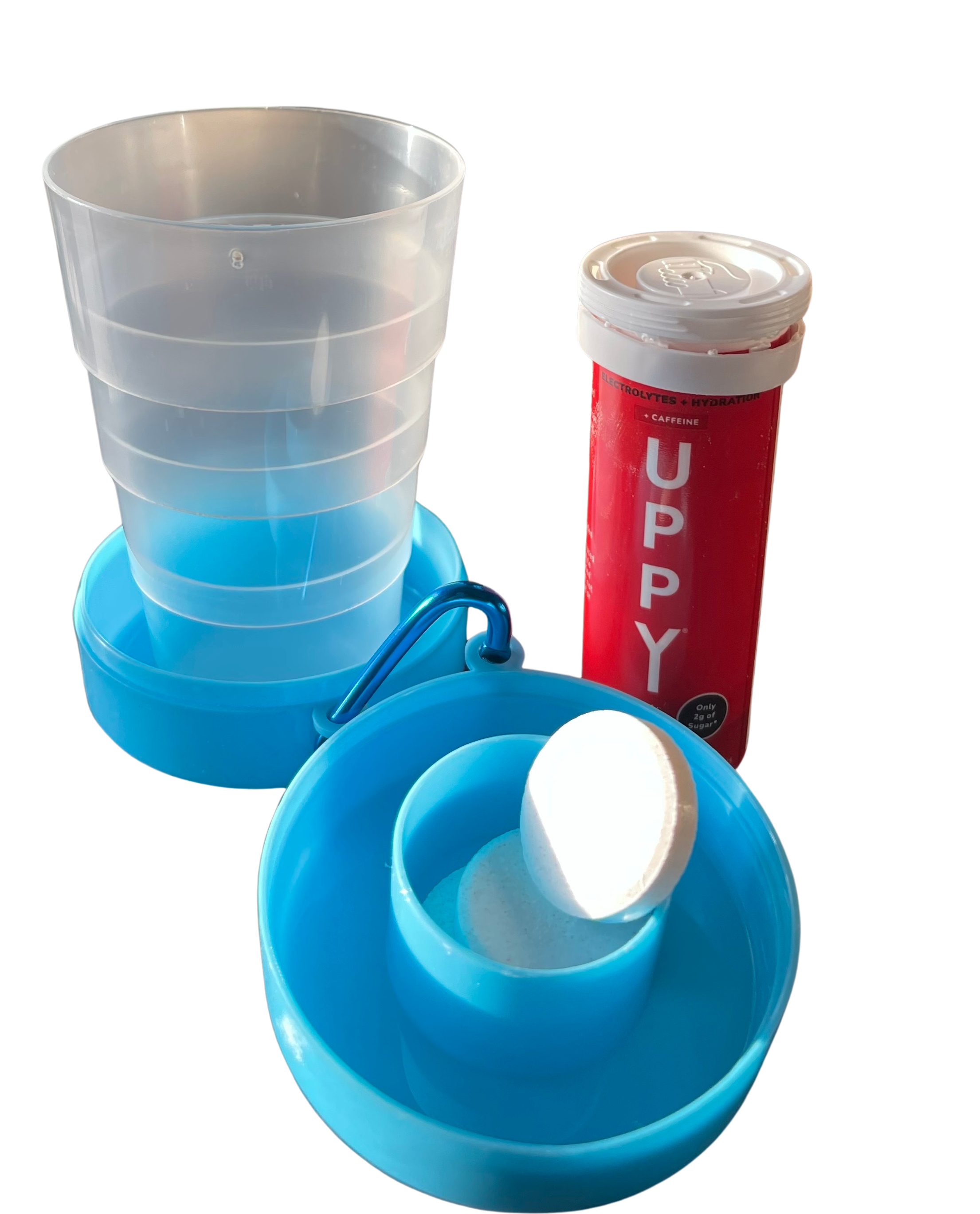 Collapsible travel cup with built in tablet holder carabiner clip and four tier expandable design — view 3