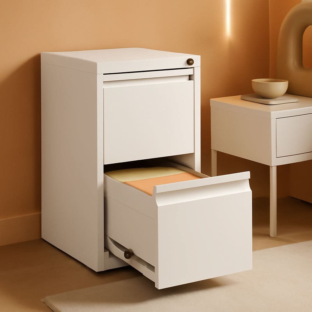 White 2-drawer metal vertical file cabinet with secure lock for home office document storage