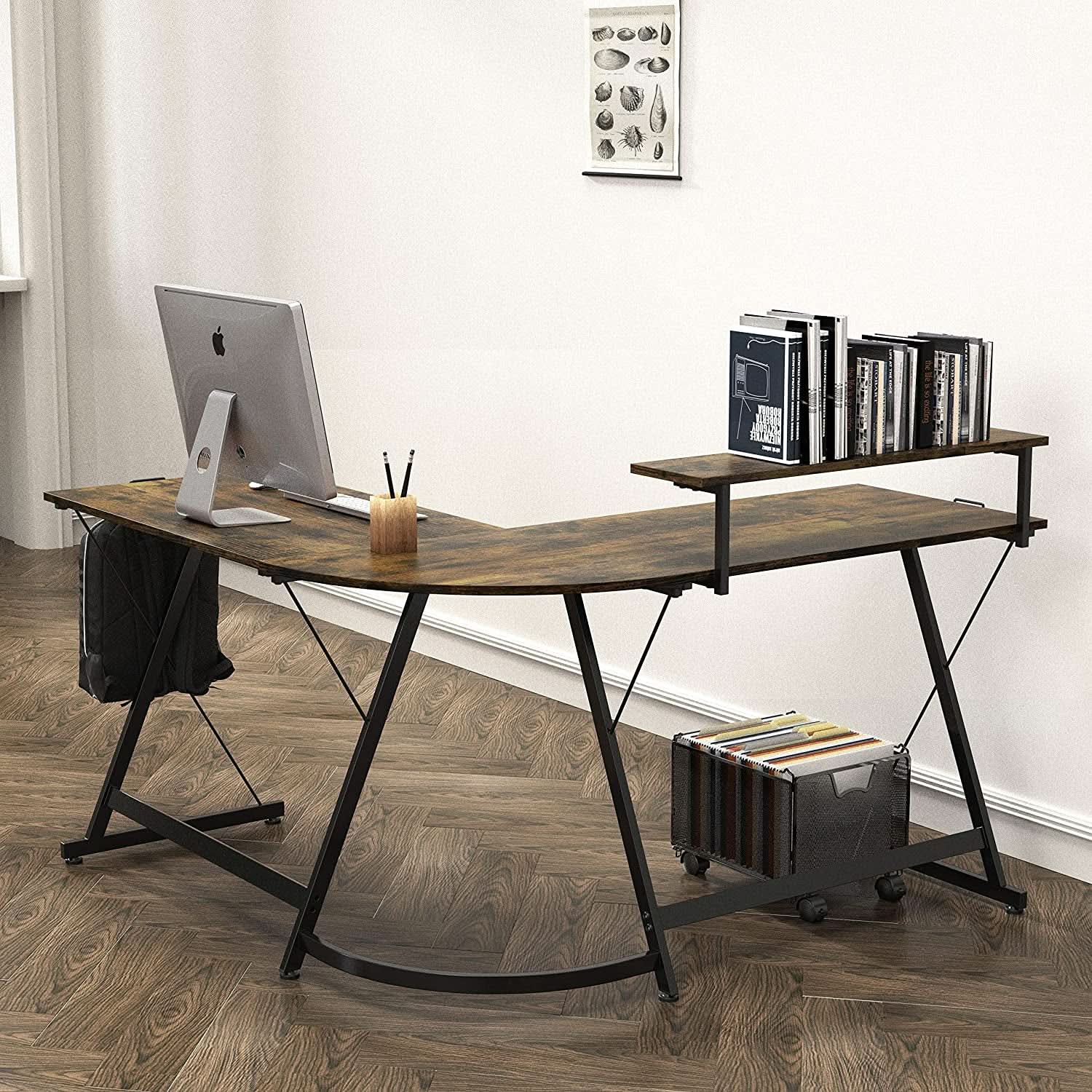 Vista rustic brown L-shaped desk with steel frame, reversible monitor stand, and drawer — view 4