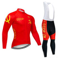 Men's red long sleeve cycling jersey and matching black bib pants with 9D gel pad