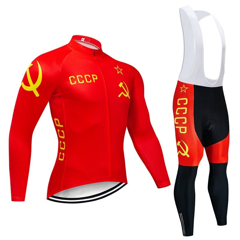 Men's red long sleeve cycling jersey and matching black bib pants with 9D gel pad