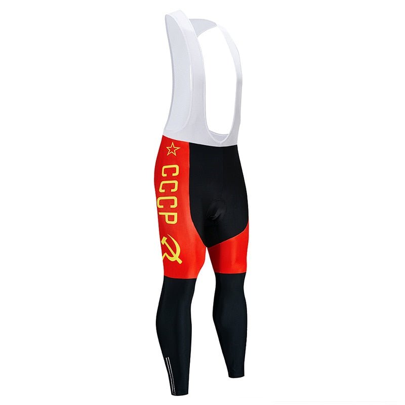 Men's red long sleeve cycling jersey and matching black bib pants with 9D gel pad — view 5