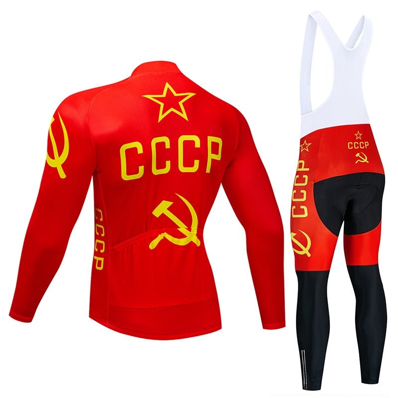 Men's red long sleeve cycling jersey and matching black bib pants with 9D gel pad — view 2