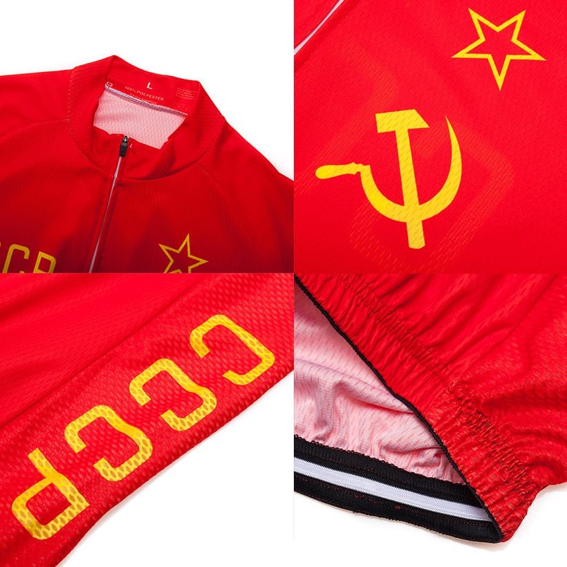 Men's red quick dry cycling jersey and black padded shorts set for mountain biking. — view 5