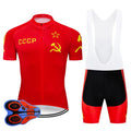 Men's red quick dry cycling jersey and black padded shorts set for mountain biking.