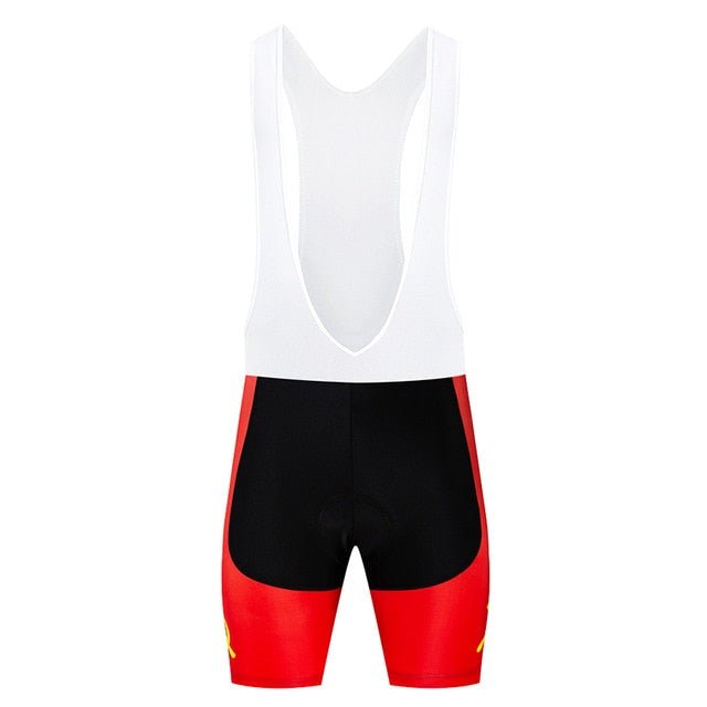 Men's red quick dry cycling jersey and black padded shorts set for mountain biking. — view 4