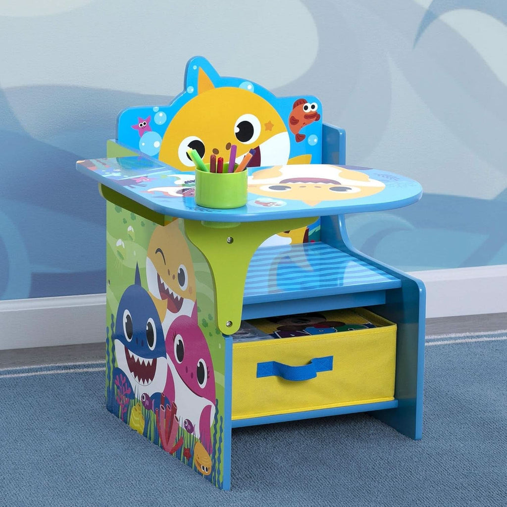 Baby Shark themed kids desk chair with under seat storage bin and cup holder — view 2