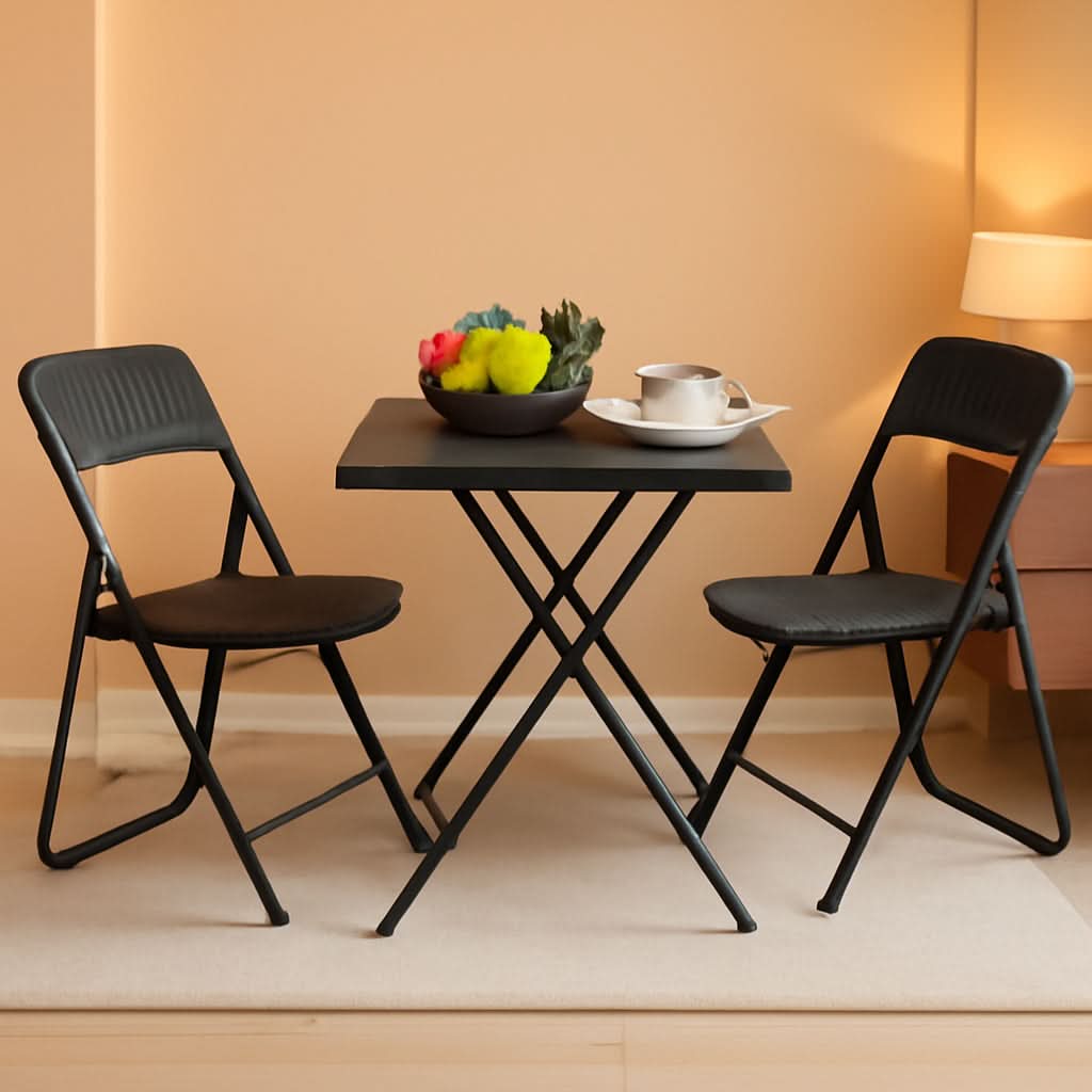 3-piece folding patio bistro set in black rattan, featuring two chairs and a wood-grain table.