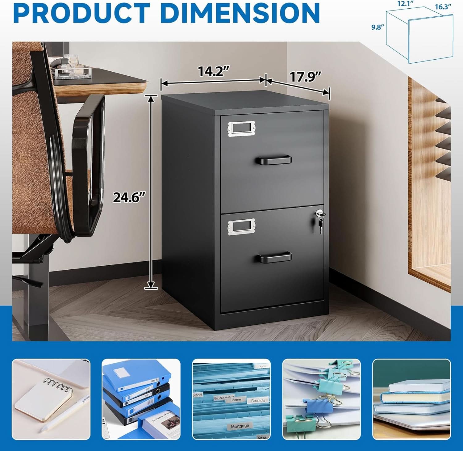 Two drawer steel vertical locking file cabinet for secure letter size office document storage — view 3