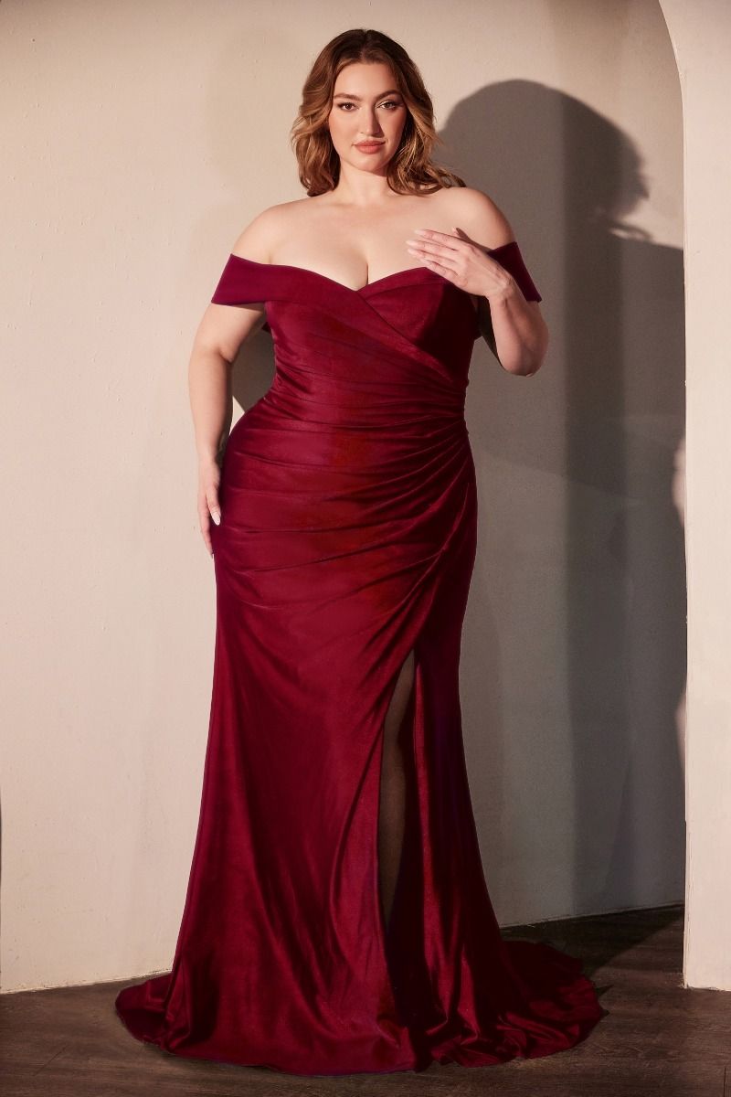Fitted stretch spandex off the shoulder dress with sweetheart neckline and leg slit — view 2