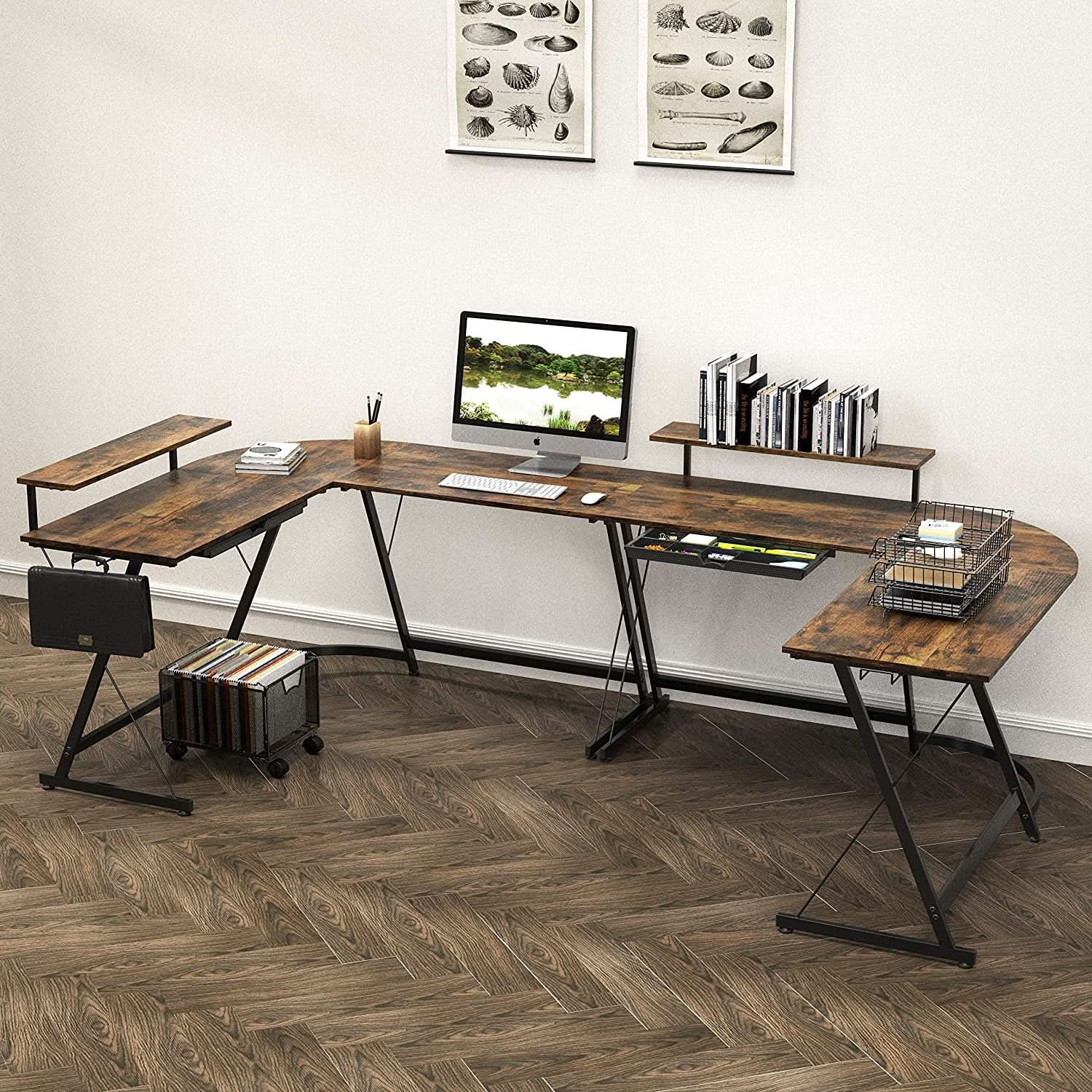 Rustic brown L-shaped corner desk with black steel frame, sliding drawer, and removable monitor stand — view 2