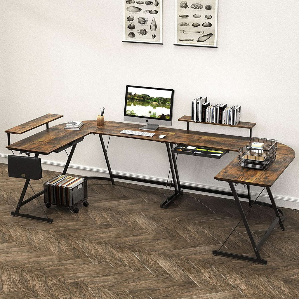 Vista rustic brown L-shaped desk with steel frame, reversible monitor stand, and drawer — view 2