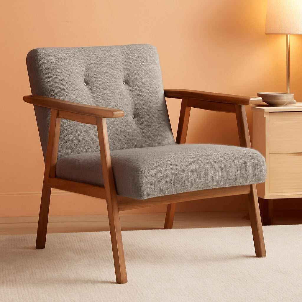 Gray upholstered accent chair with dark fabric and walnut wood frame in contemporary mid century style