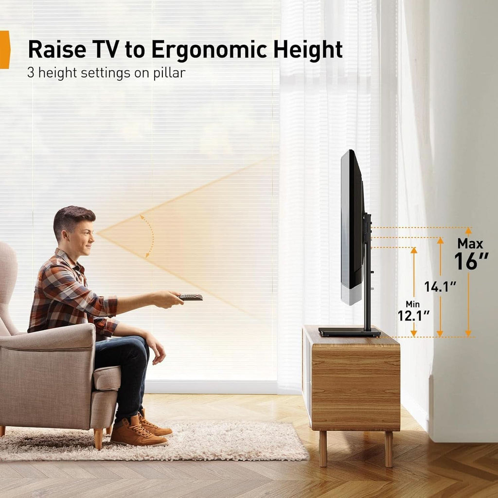 Universal height adjustable tabletop TV stand with sleek tempered glass base and metal frame — view 4