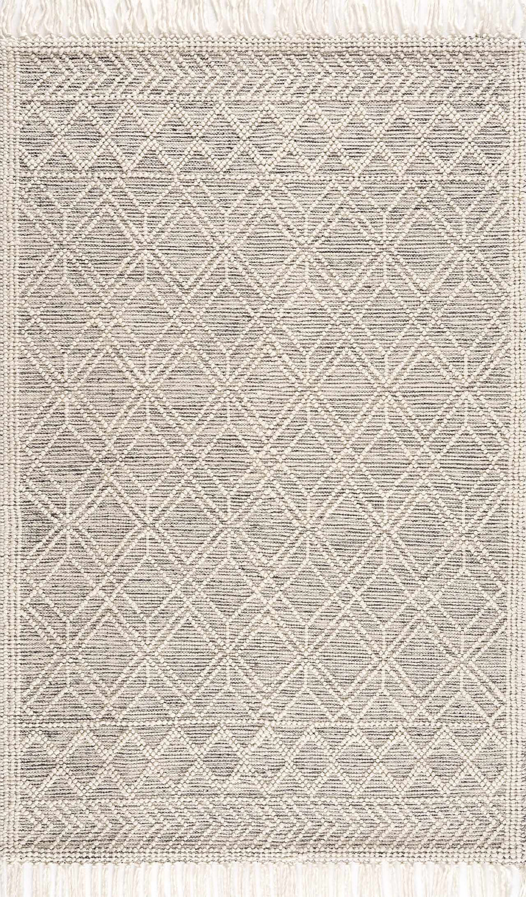 Ivory and black handwoven Ramsbury wool area rug with geometric pattern and corner tassels
