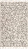 Ivory and black handwoven Ramsbury wool area rug with geometric pattern and corner tassels