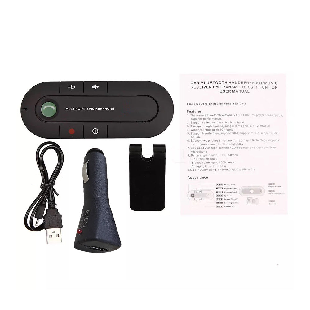 Black Bluetooth hands-free car speakerphone attached to a vehicle sun visor with metal clip. — view 4