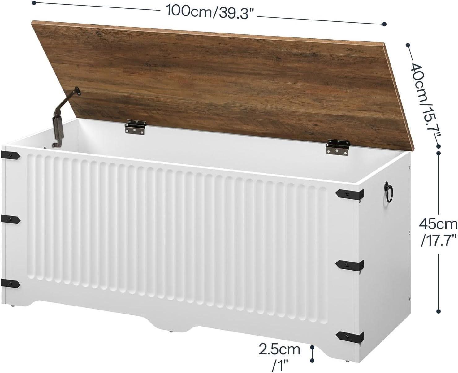 White and walnut farmhouse storage bench toy chest with safety hinge and side pull rings — view 5