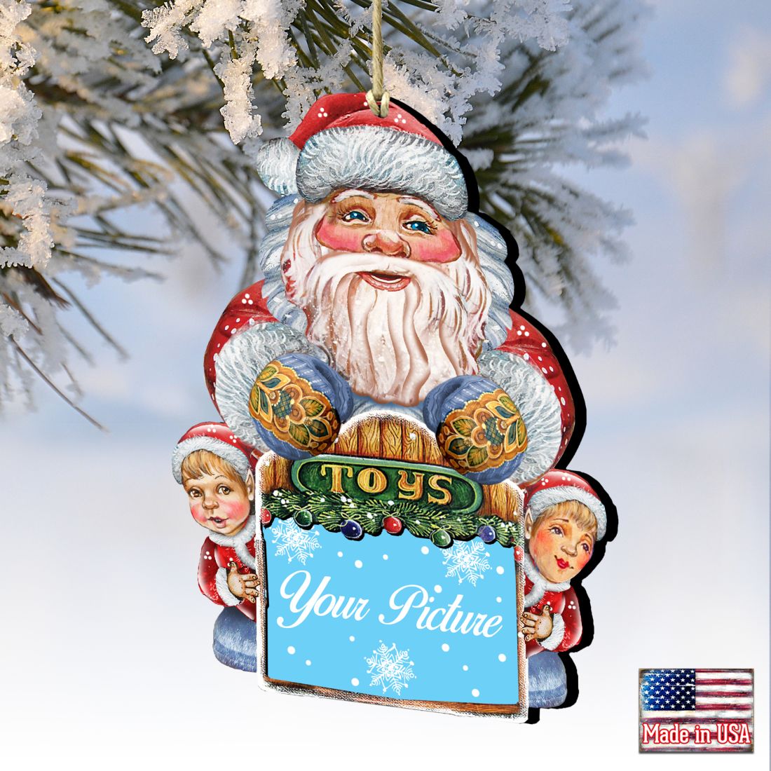 Santa picture frame ornament in handcrafted birch wood with vintage snowman and holiday art details — view 2