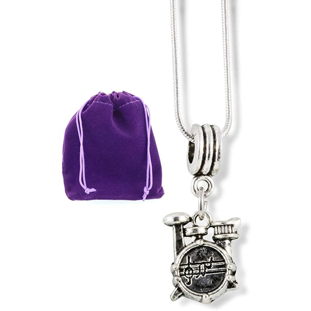 Drum set necklace in shiny metal finish, a detailed miniature percussion pendant for musicians