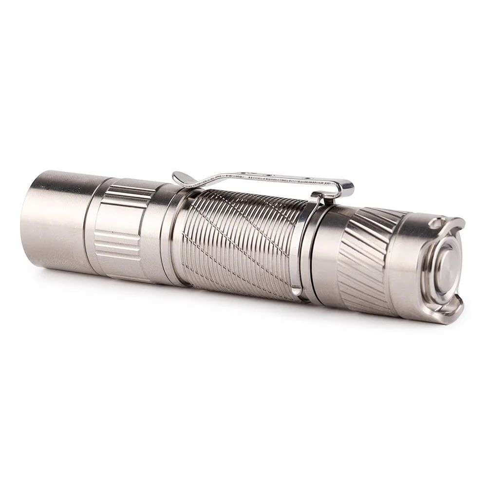 Compact Convoy T3 Ti titanium EDC flashlight with metal pocket clip and lanyard — view 2