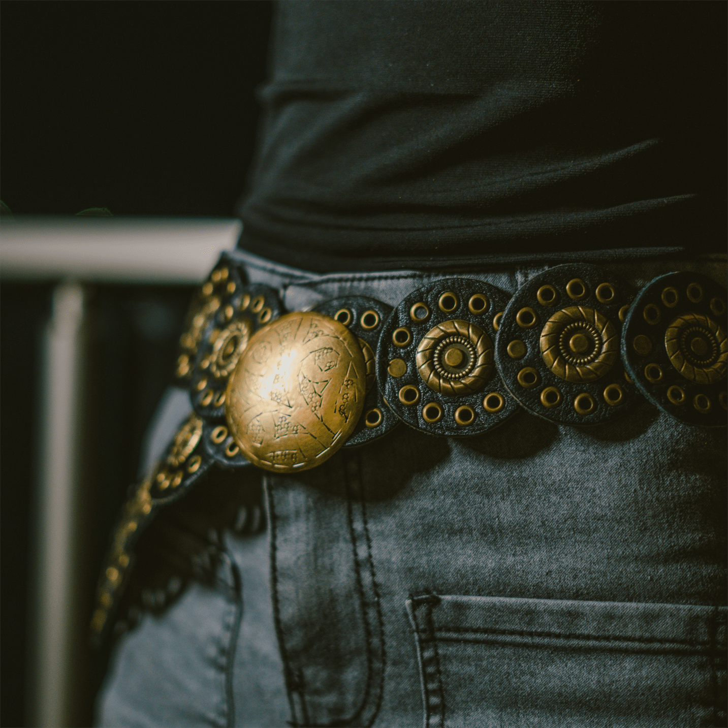 Rona handcrafted full-grain leather belt featuring rounded elements and an aged copper buckle — view 5