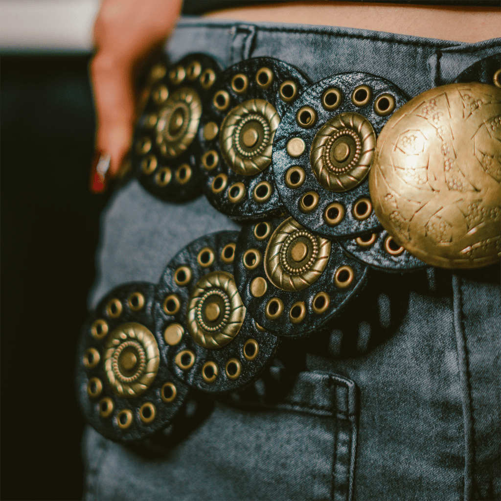 Rona handcrafted full-grain leather belt featuring rounded elements and an aged copper buckle — view 3