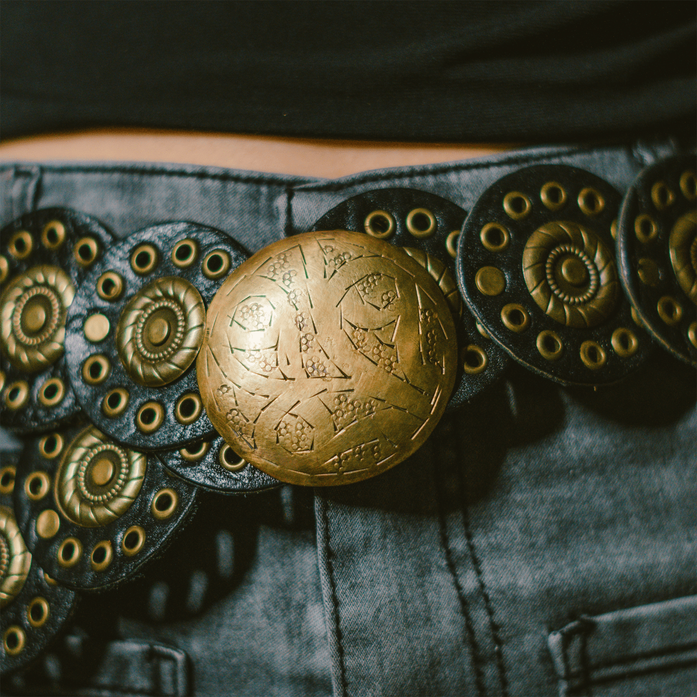 Rona handcrafted full-grain leather belt featuring rounded elements and an aged copper buckle — view 2