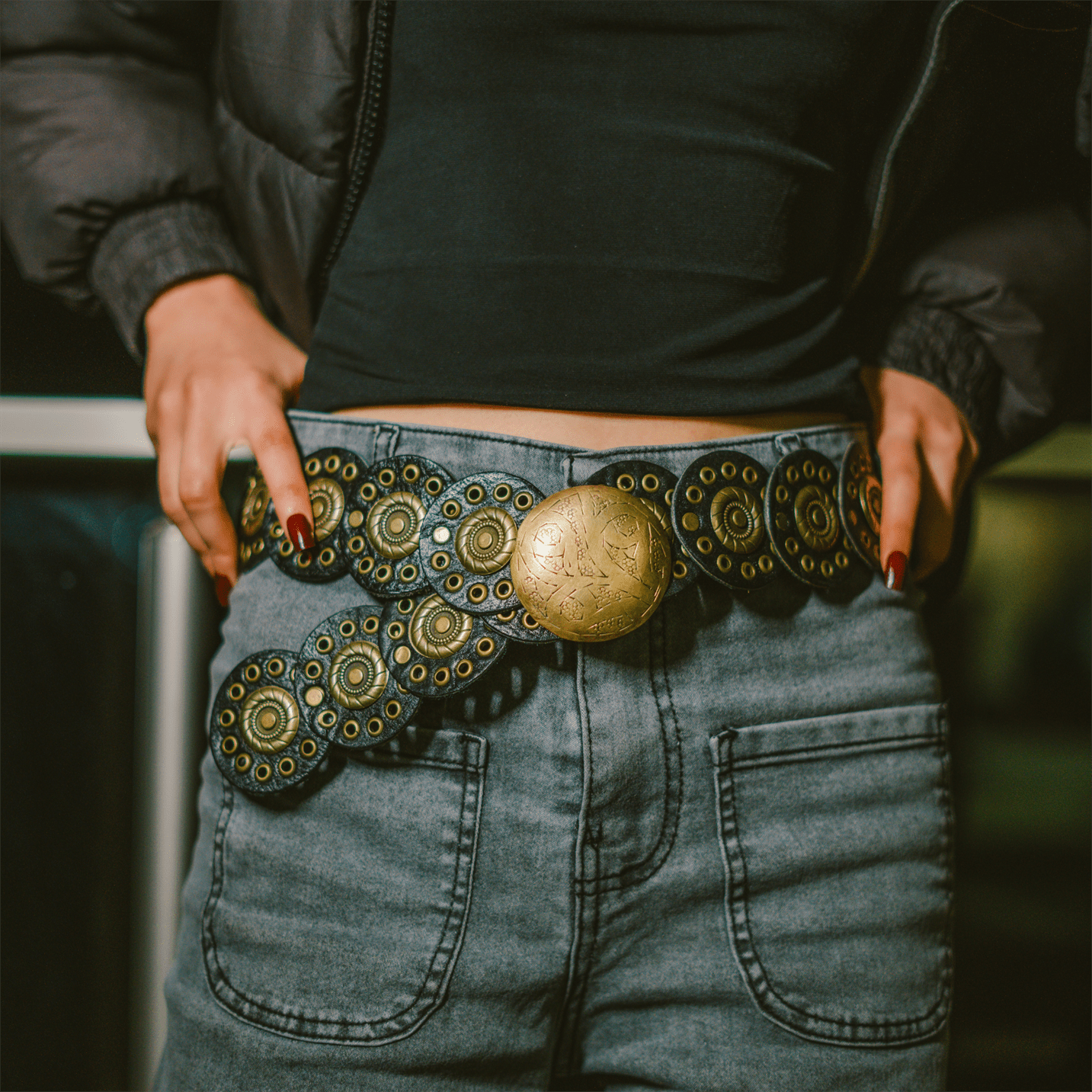 Rona handcrafted full-grain leather belt featuring rounded elements and an aged copper buckle — view 4
