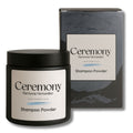 Organic powder shampoo in a glass jar, handcrafted natural botanical haircare for sensitive scalp.