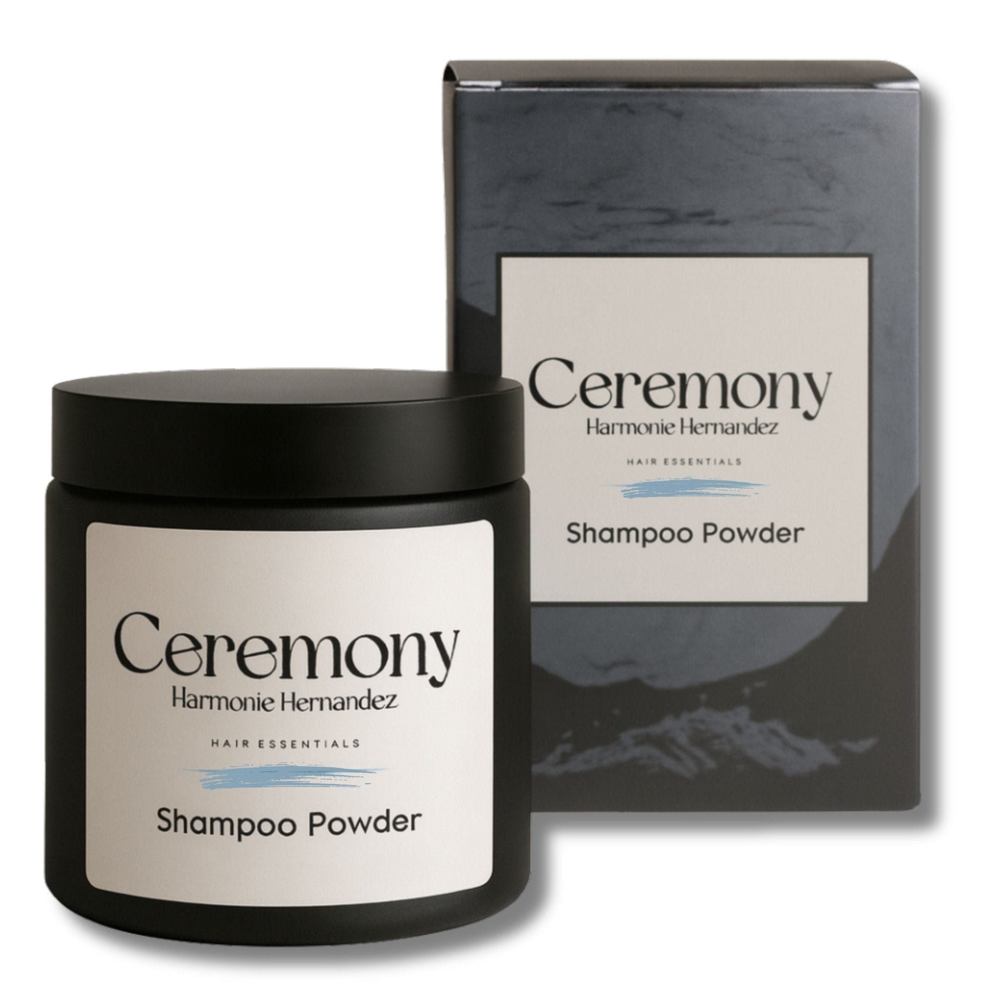 Organic powder shampoo in a glass jar, handcrafted natural botanical haircare for sensitive scalp.