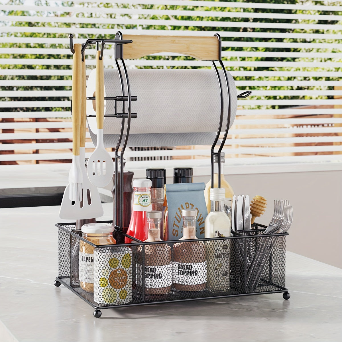 Black metal grill caddy organizer with condiment compartments and a built-in paper towel holder — view 3