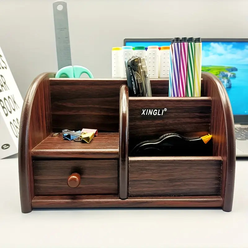 Wooden desk file organizer in dark brown finish with a drawer, document slots, and pen holder — view 3