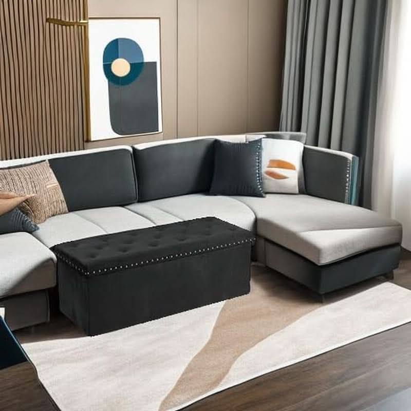 Black velvet storage ottoman bench with plush cushion, open to show hidden interior compartment space — view 5