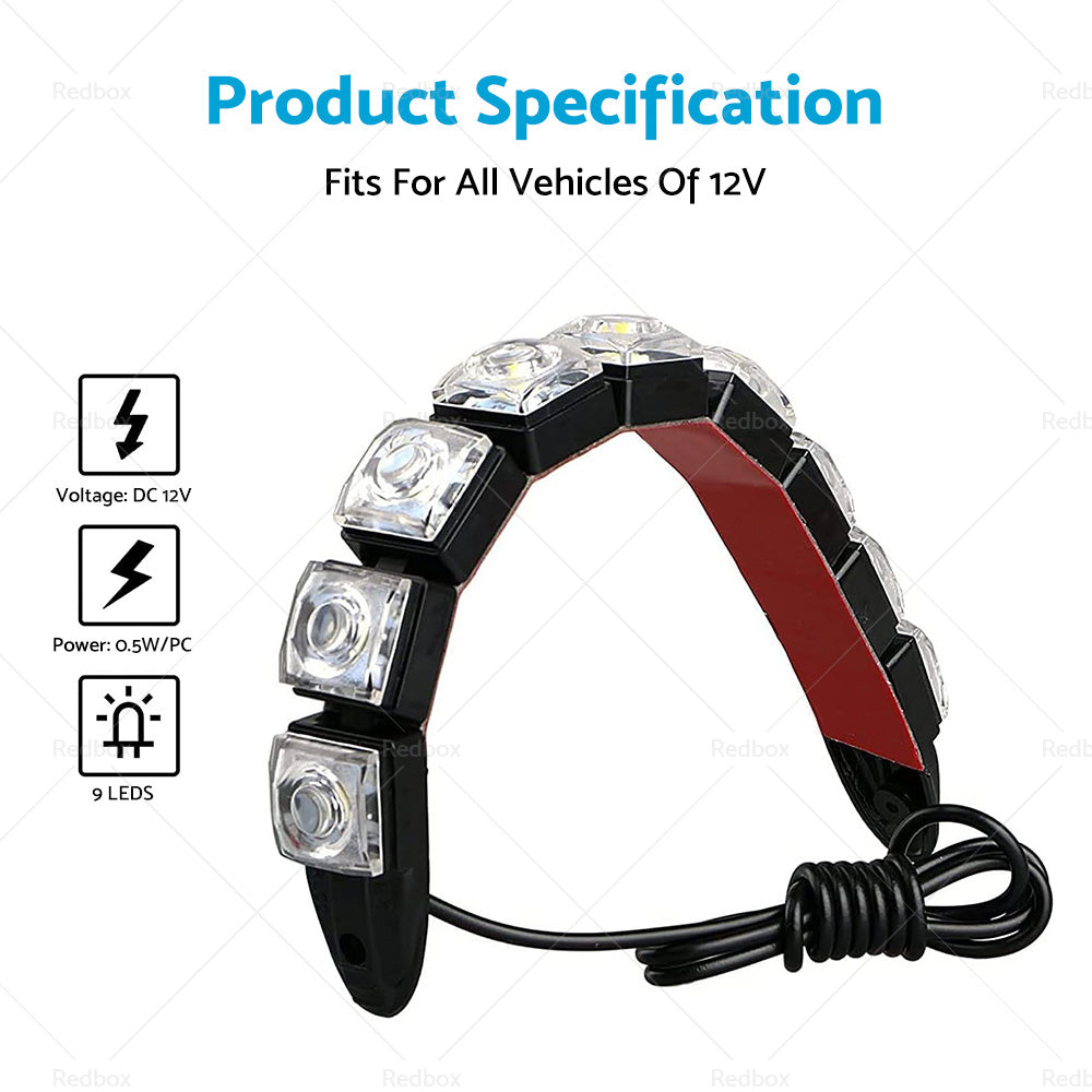 Two black rubber 9 LED daytime running lights for car front bumpers with mounting screws — view 2