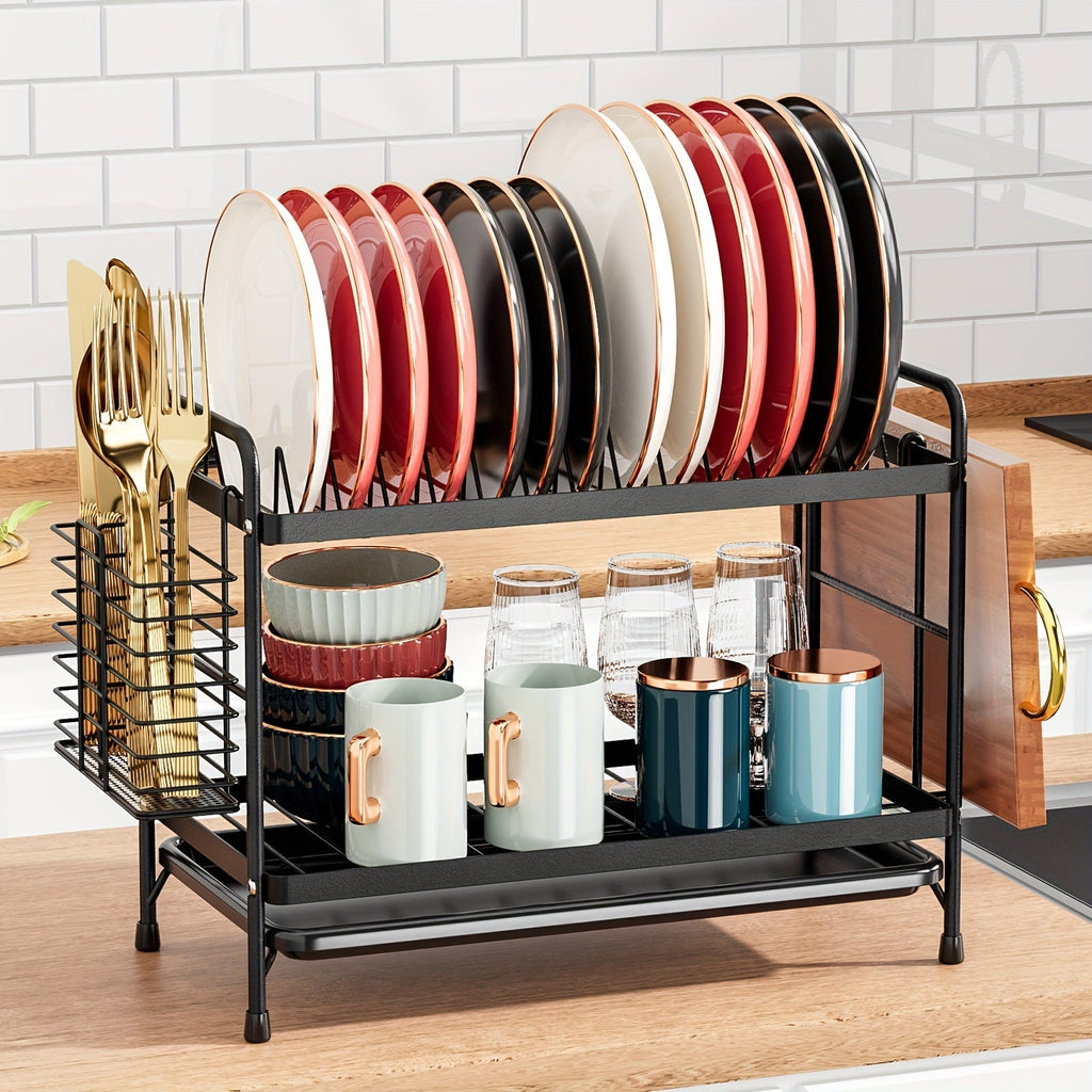 Black metal kitchen dish rack with integrated drainboard, utensil holder, and cutting board organizer — view 2