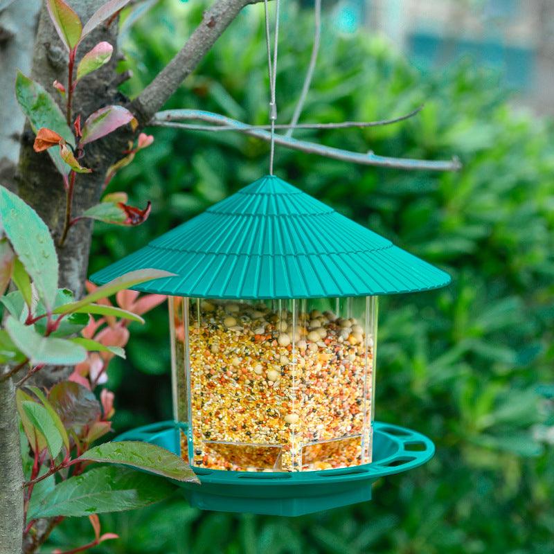 Transparent green plastic hanging bird feeder with automatic seed dispenser for outdoor garden spaces