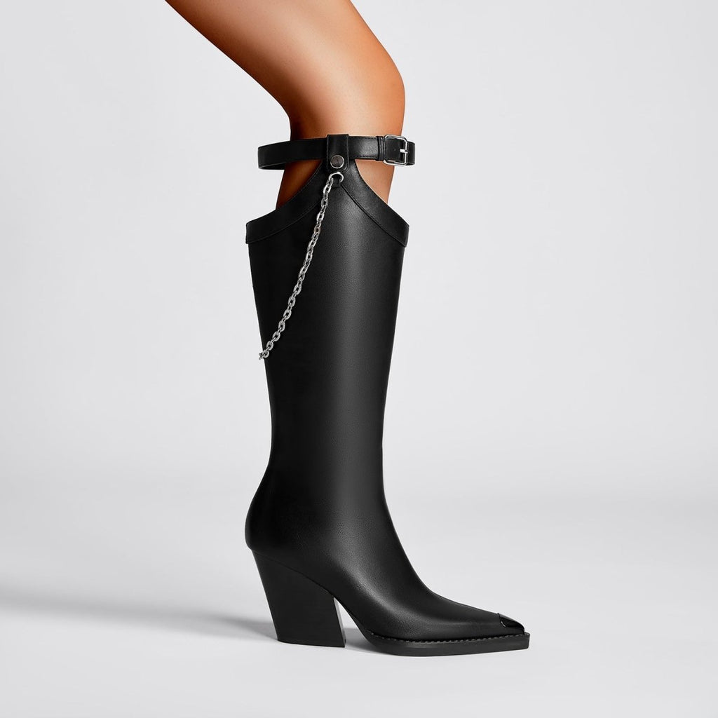 Smooth leather knee-high boots with silver chain embellishment, block heel, and square toe for women. — view 3