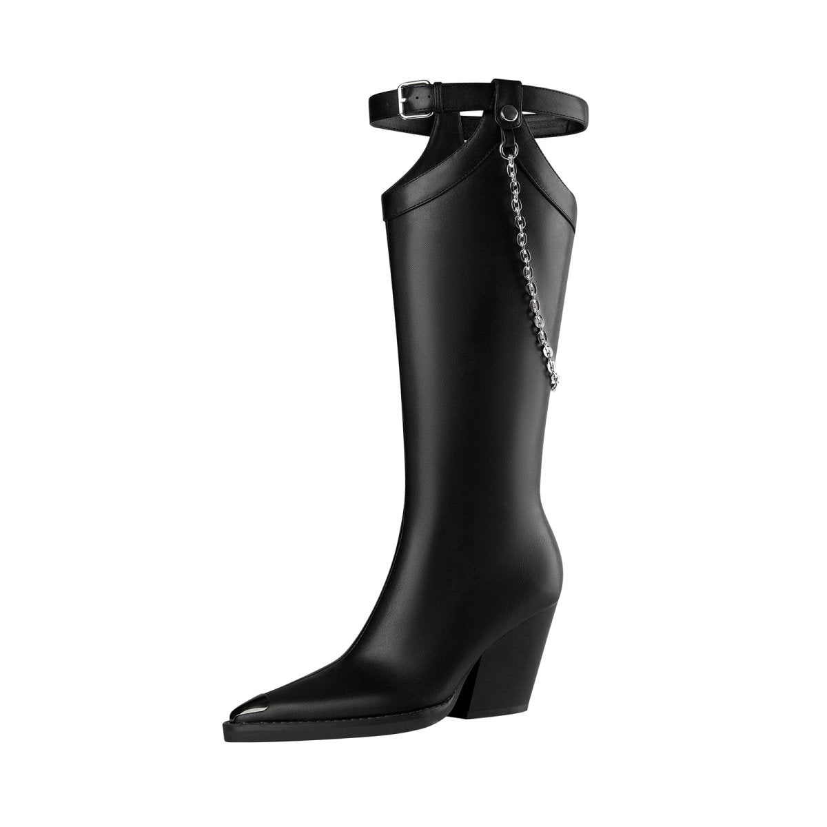 Smooth leather knee-high boots with silver chain embellishment, block heel, and square toe for women. — view 4