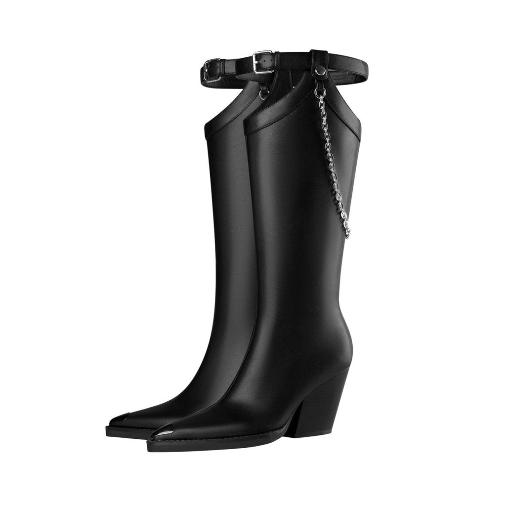 Smooth leather knee-high boots with silver chain embellishment, block heel, and square toe for women. — view 5