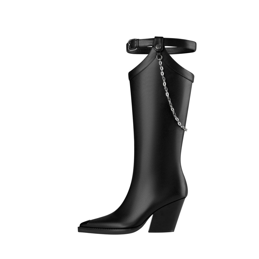 Smooth leather knee-high boots with silver chain embellishment, block heel, and square toe for women.