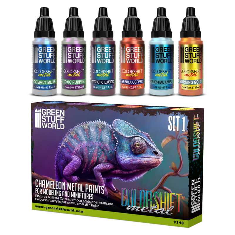 Six pack of colorshift chameleon acrylic paints in small dropper bottles for miniature hobbyists