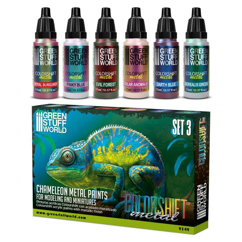 Green Stuff World chameleon acrylic paint set with six colorshift bottles in a cardboard box