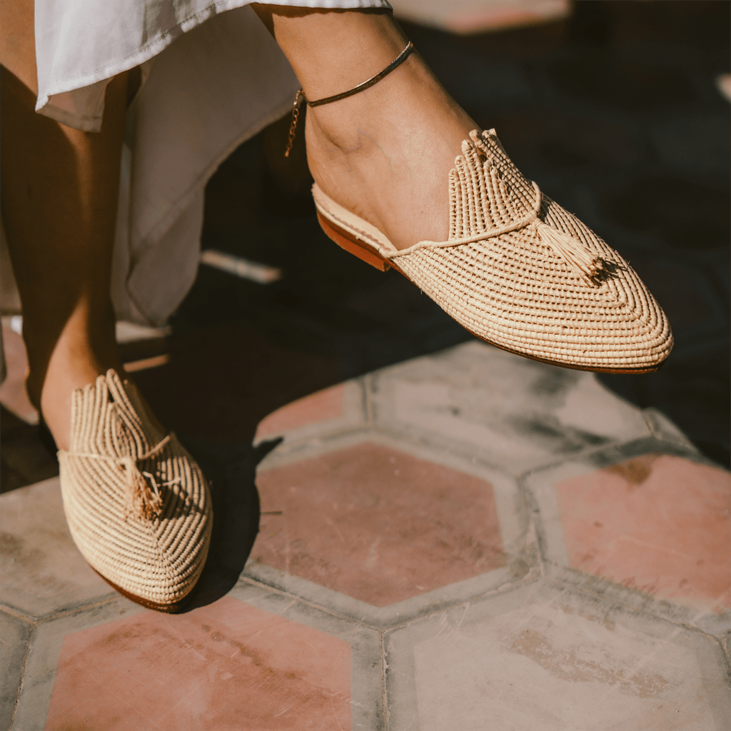 Handcrafted Ladame raffia slippers with woven textured upper and durable leather sole — view 3