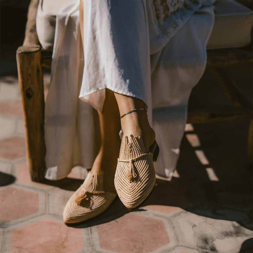 Handcrafted Ladame raffia slippers with woven textured upper and durable leather sole — view 2