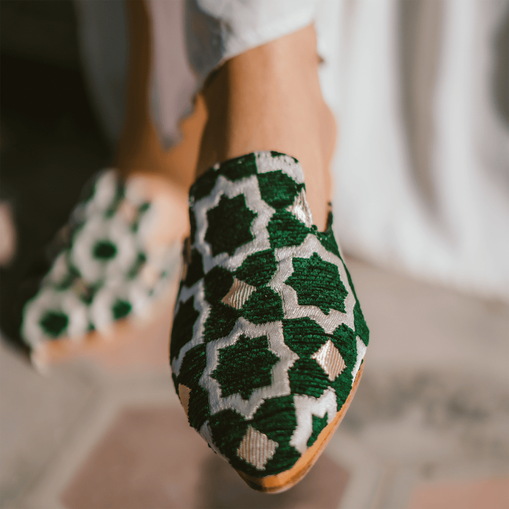 Handcrafted premium leather Moroccan Tamghra slippers featuring a thick cushioned sole and intricate forged design